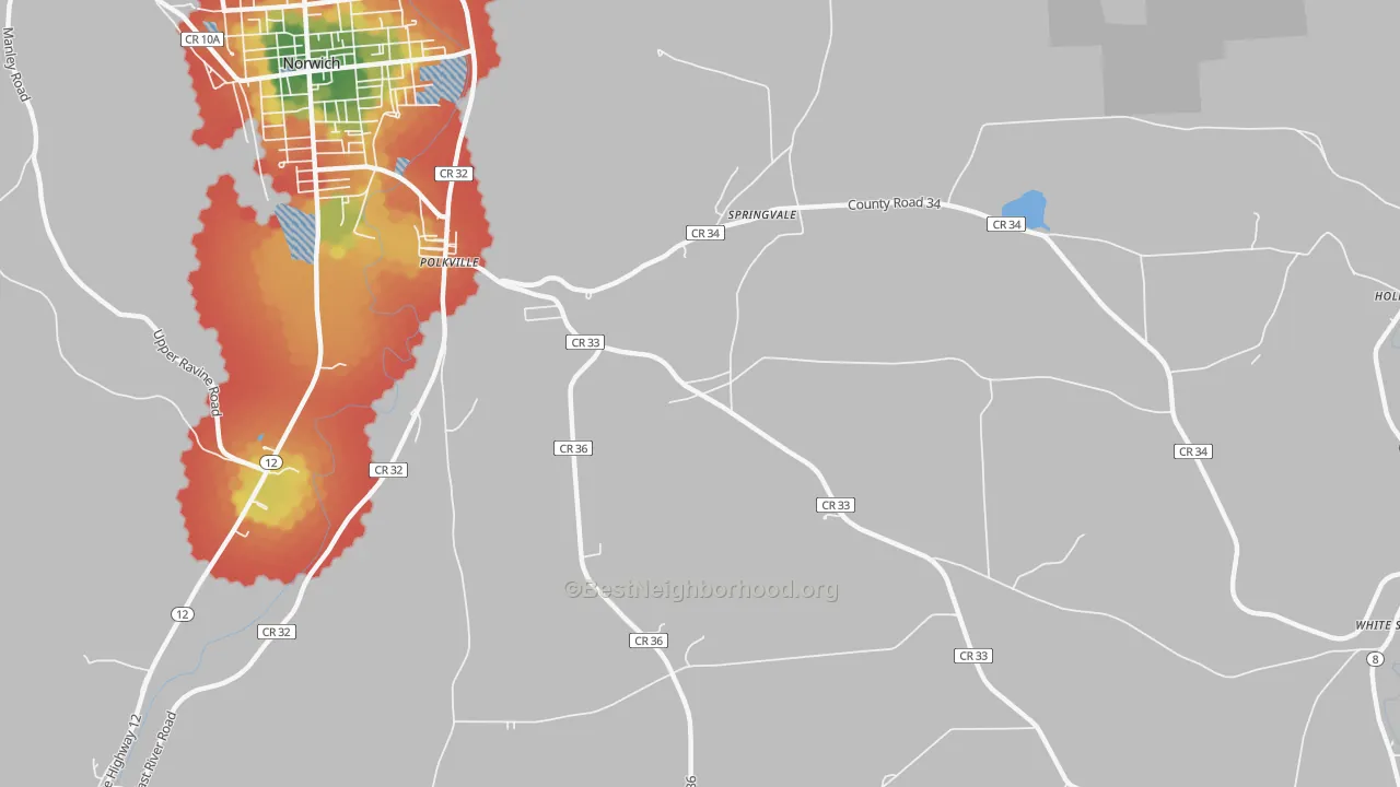 Walk Grade map of Springvale, NY, walkable areas in green and car-dependent areas in red