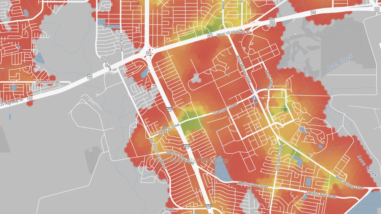 Walk Grade map of Springvale, San Antonio, TX, walkable areas in green and car-dependent areas in red