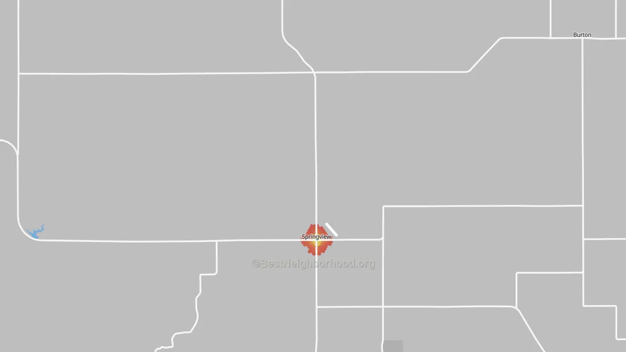 Walk Grade map of Springview, NE, walkable areas in green and car-dependent areas in red