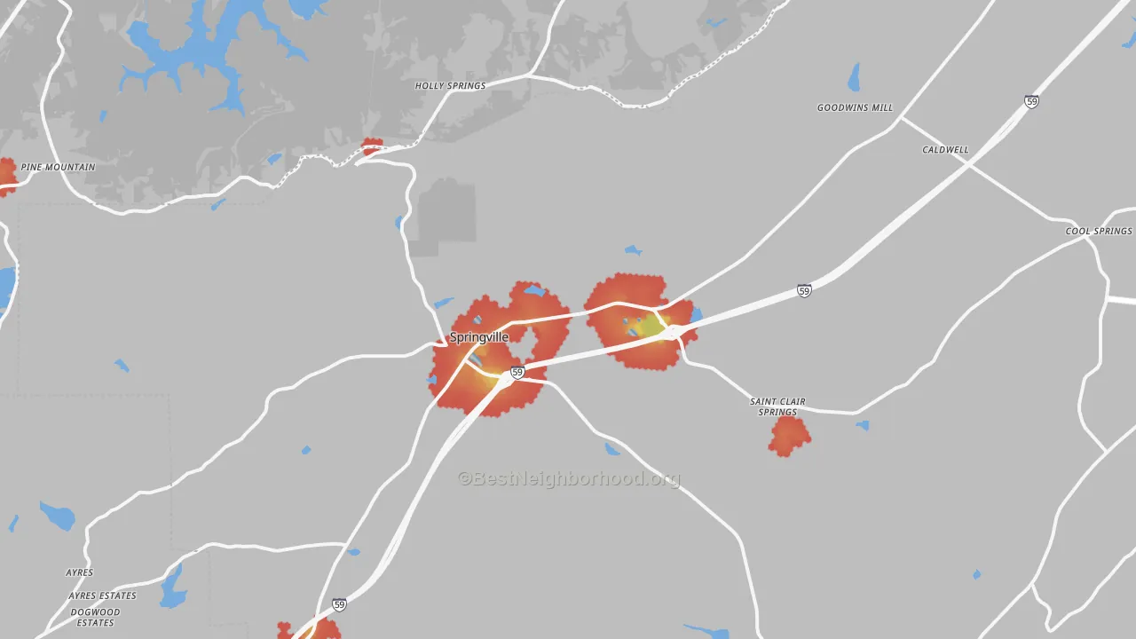 Walk Grade map of Springville, AL, walkable areas in green and car-dependent areas in red
