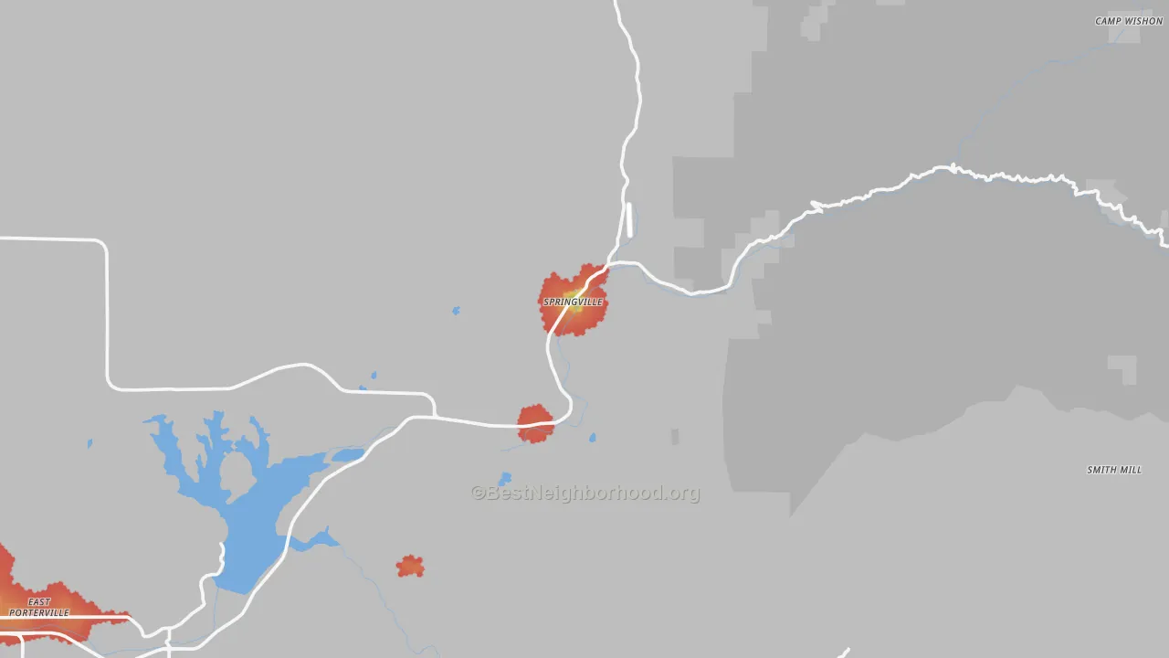 Walk Grade map of Springville, CA, walkable areas in green and car-dependent areas in red