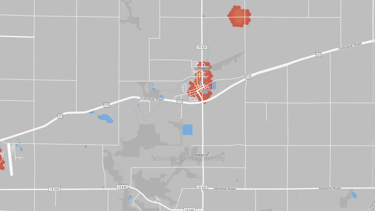 Walk Grade map of Springville, IA, walkable areas in green and car-dependent areas in red