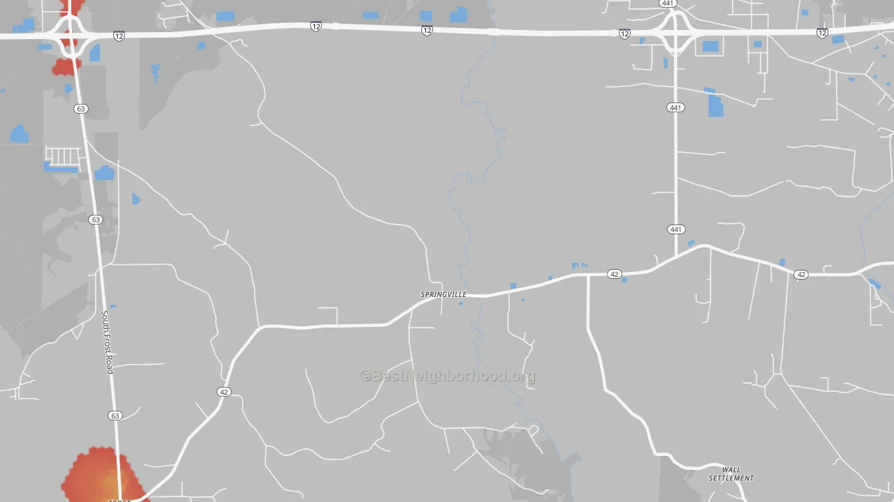 Walk Grade map of Springville, LA, walkable areas in green and car-dependent areas in red