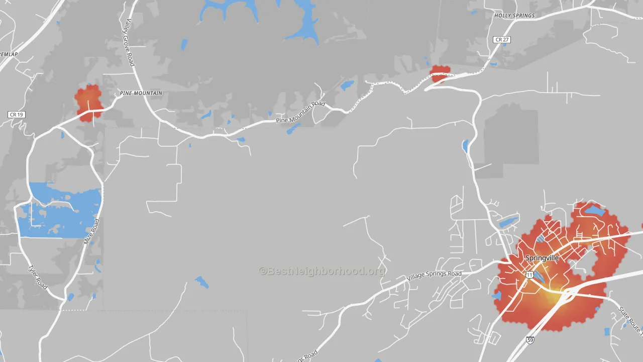 Walk Grade map of Springville Lake Estates, AL, walkable areas in green and car-dependent areas in red