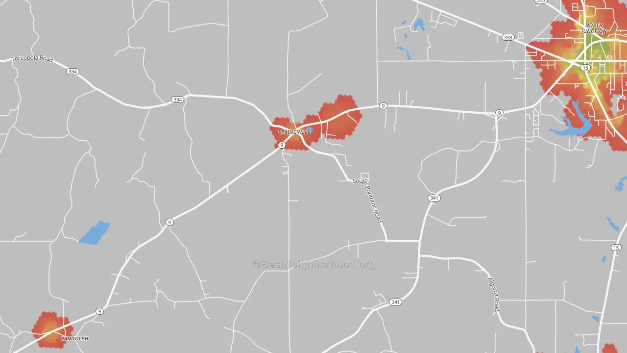 Walk Grade map of Springville, MS, walkable areas in green and car-dependent areas in red