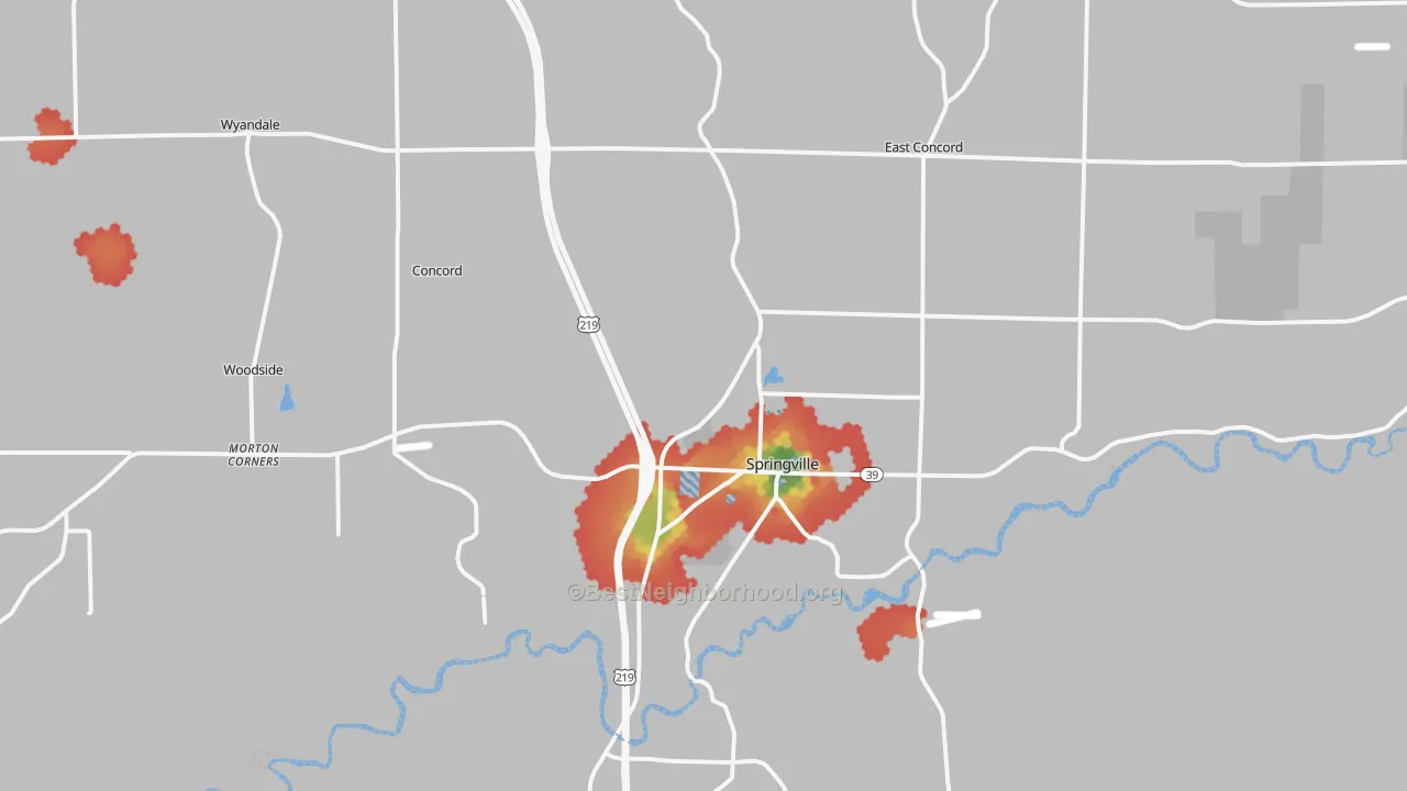 Walk Grade map of Springville, NY, walkable areas in green and car-dependent areas in red