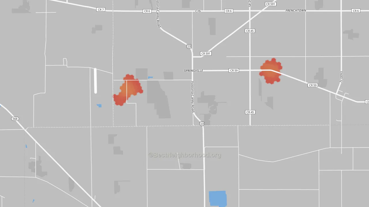Walk Grade map of Springville, OH, walkable areas in green and car-dependent areas in red