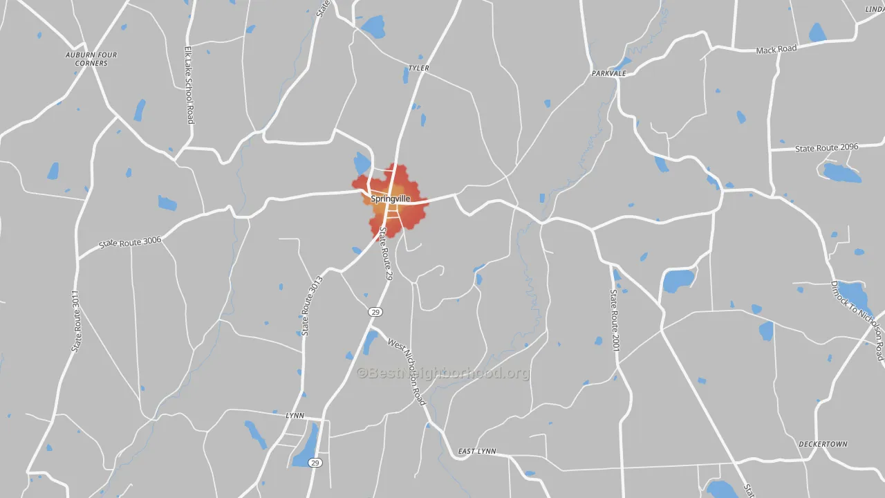 Walk Grade map of Springville, PA, walkable areas in green and car-dependent areas in red
