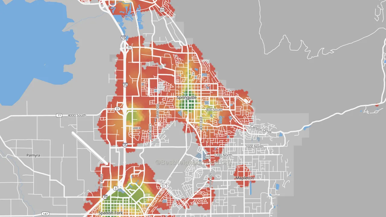 Walk Grade map of Springville, UT, walkable areas in green and car-dependent areas in red