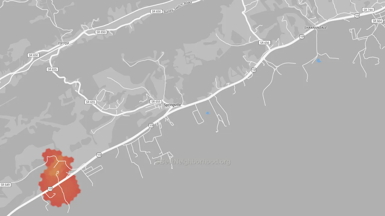Walk Grade map of Springville, VA, walkable areas in green and car-dependent areas in red