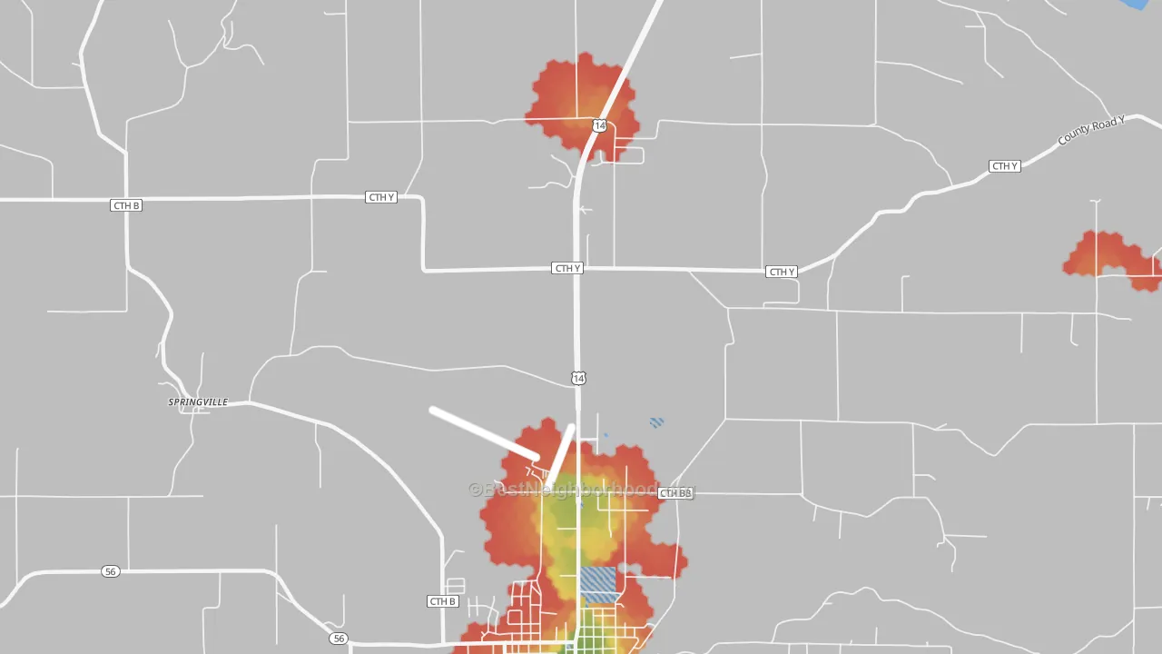 Walk Grade map of Springville, WI, walkable areas in green and car-dependent areas in red