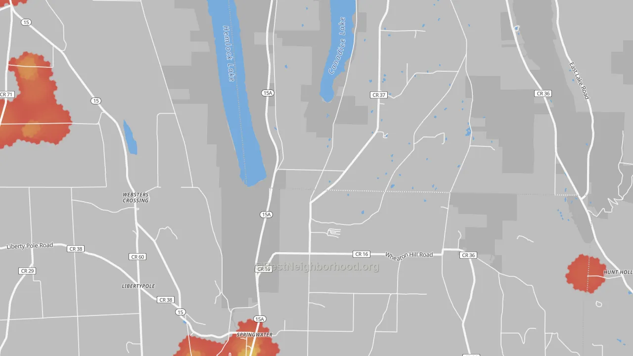 Walk Grade map of Springwater, NY, walkable areas in green and car-dependent areas in red