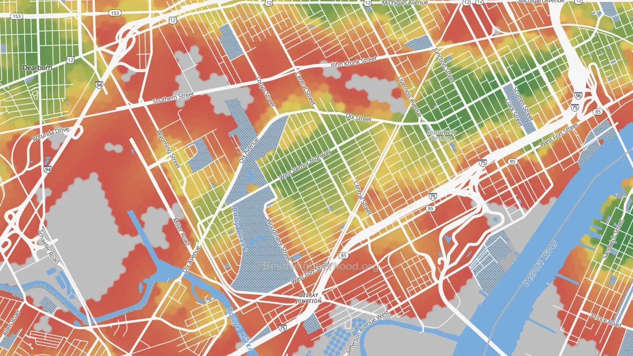 Walk Grade map of Springwells, Detroit, MI, walkable areas in green and car-dependent areas in red