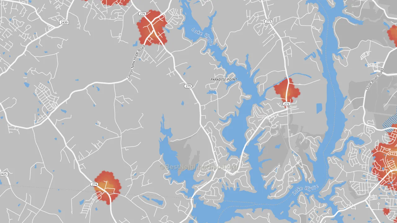 Walk Grade map of Springwood, NC, walkable areas in green and car-dependent areas in red