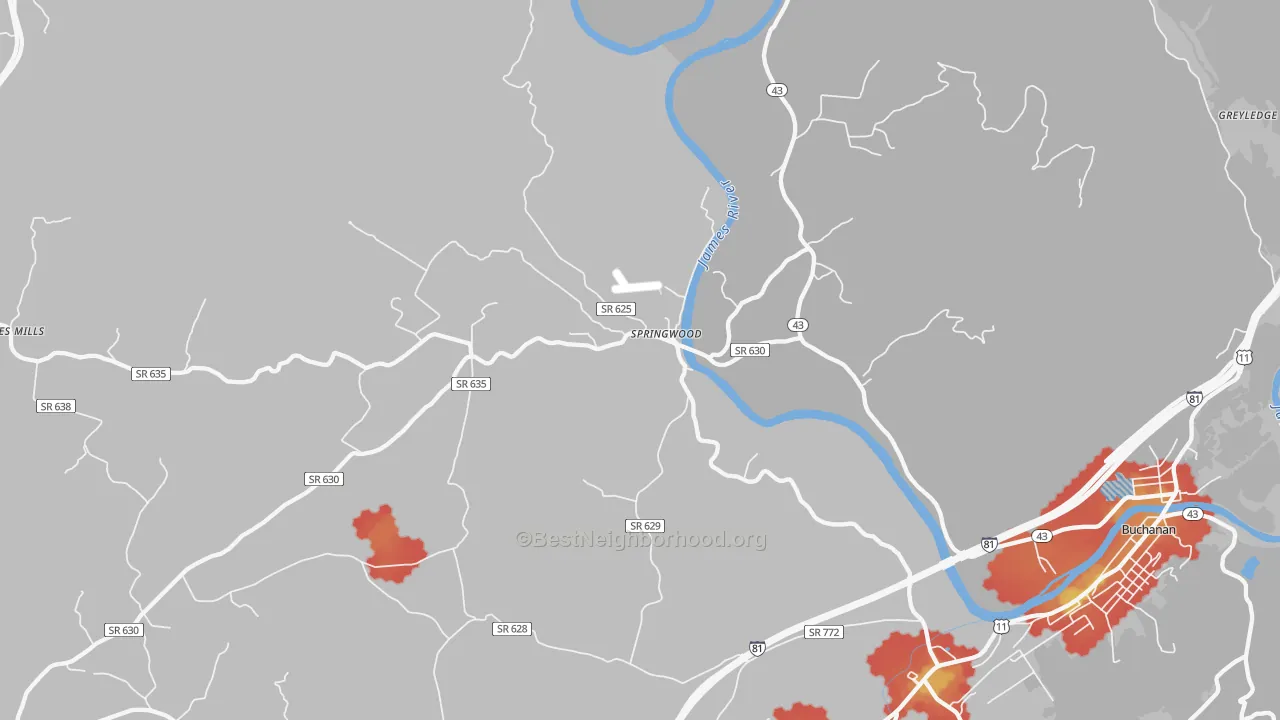 Walk Grade map of Springwood, VA, walkable areas in green and car-dependent areas in red