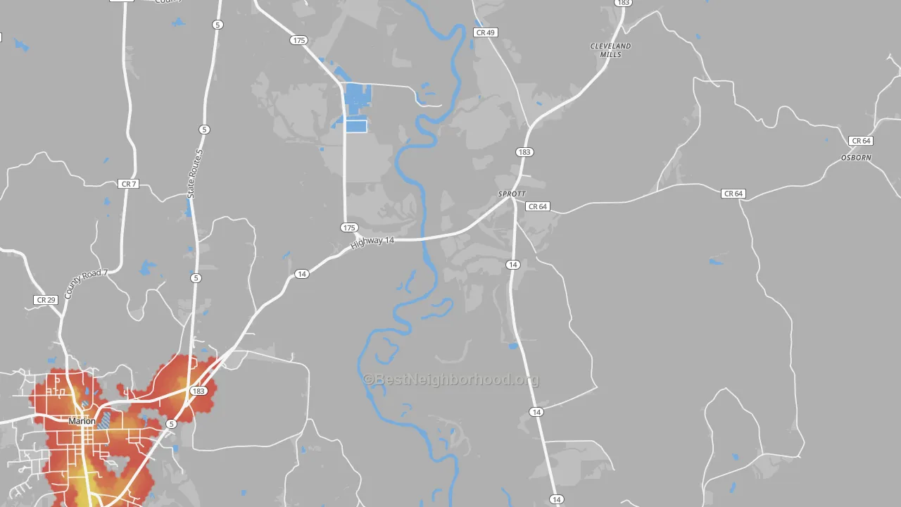 Walk Grade map of Sprott, AL, walkable areas in green and car-dependent areas in red