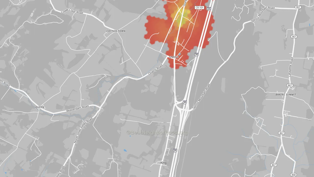 Walk Grade map of Sproul, PA, walkable areas in green and car-dependent areas in red