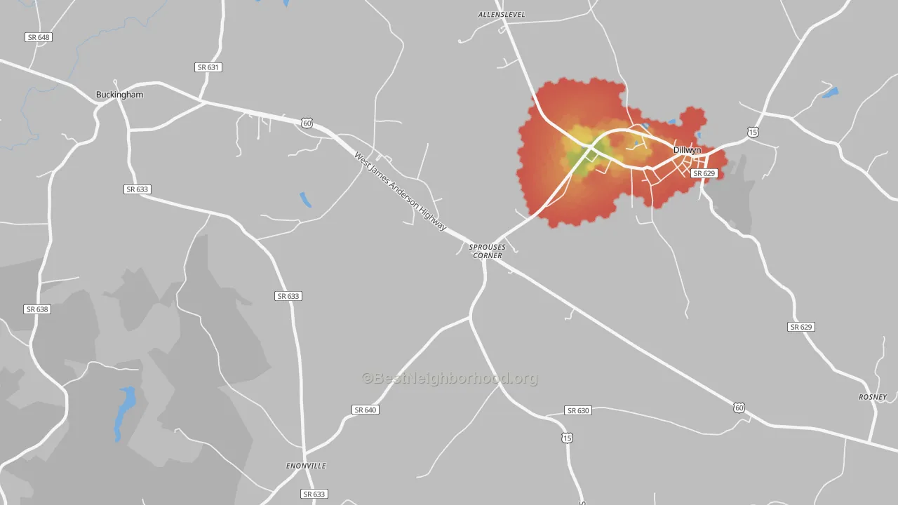 Walk Grade map of Sprouses Corner, VA, walkable areas in green and car-dependent areas in red