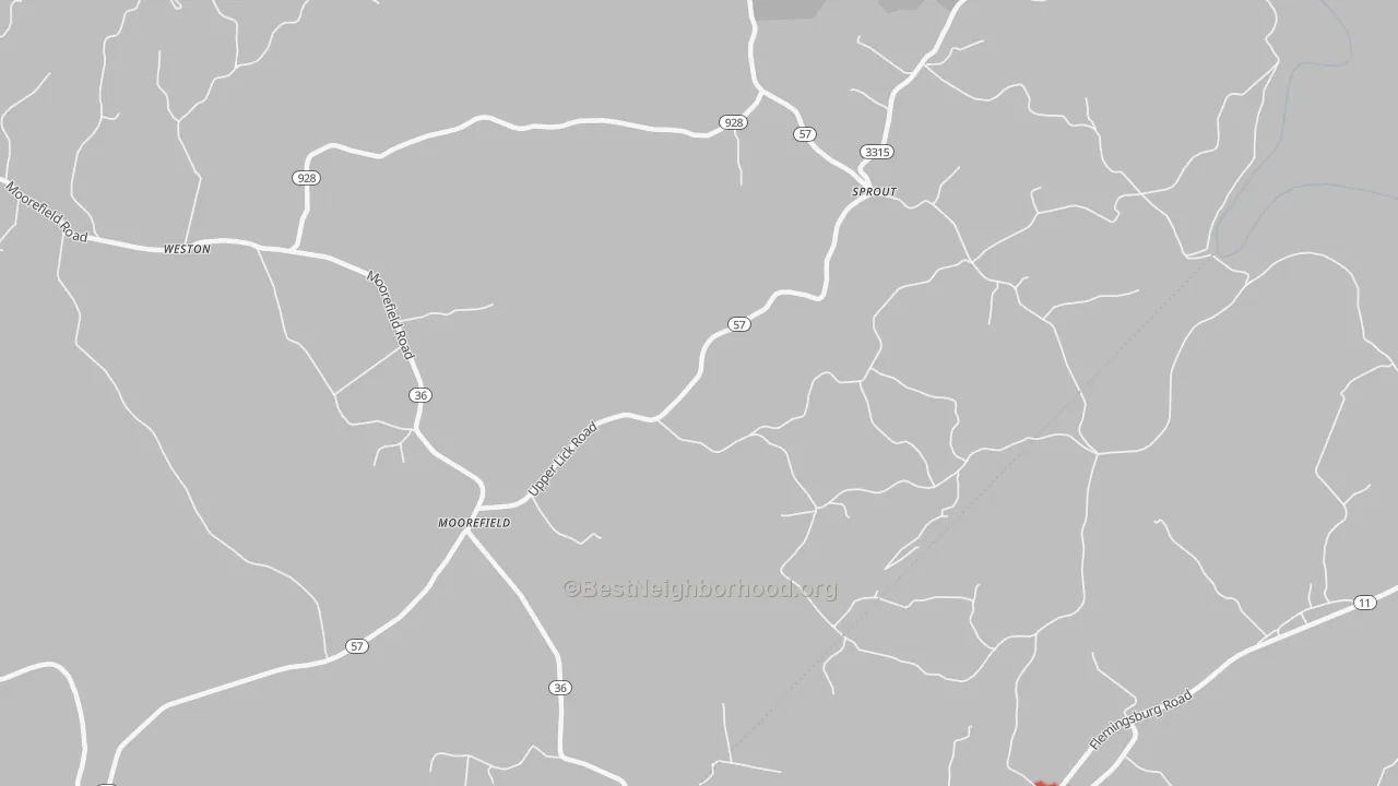Walk Grade map of Sprout, KY, walkable areas in green and car-dependent areas in red