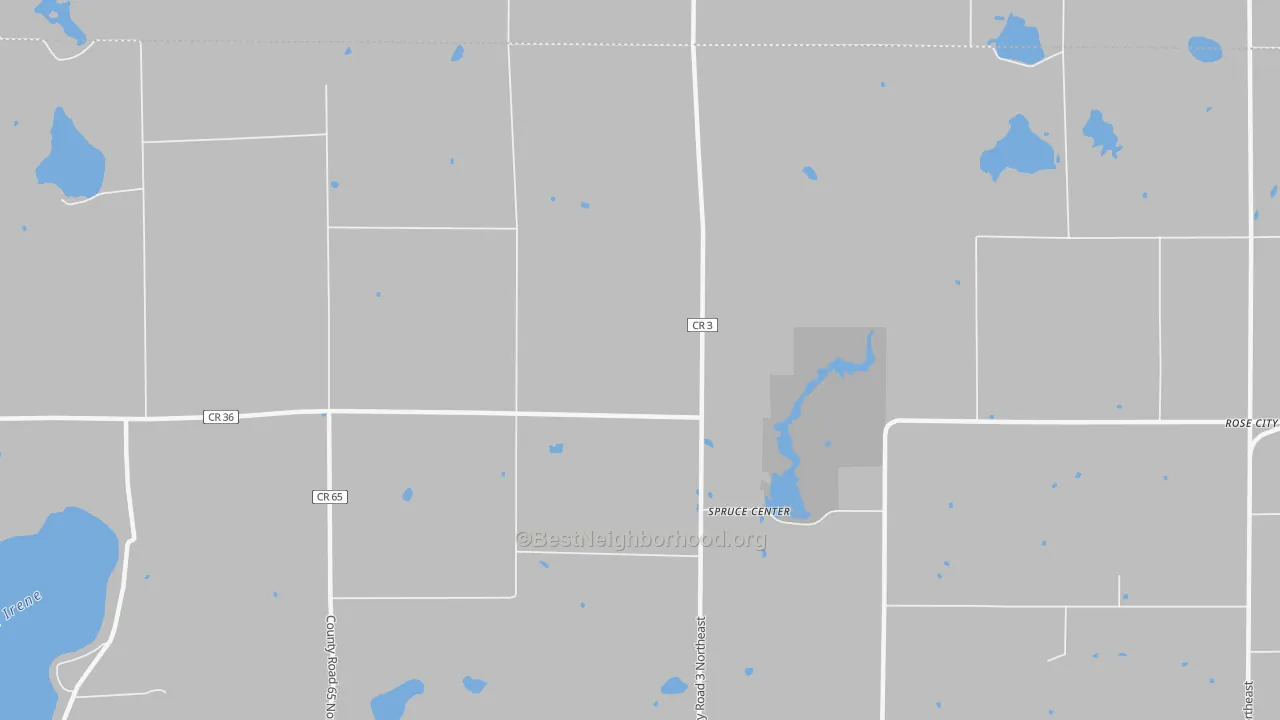 Walk Grade map of Spruce Center, MN, walkable areas in green and car-dependent areas in red