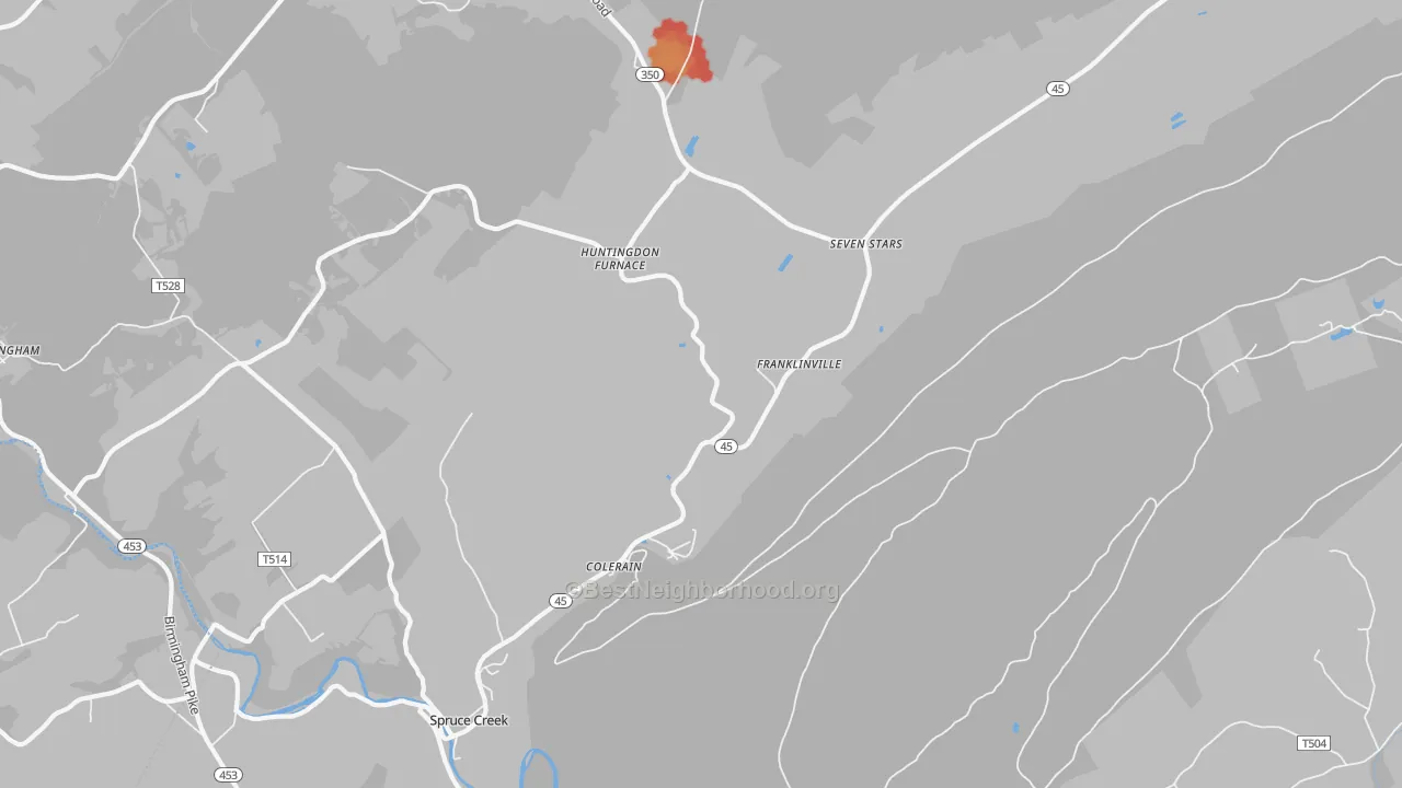 Walk Grade map of Spruce Creek, PA, walkable areas in green and car-dependent areas in red