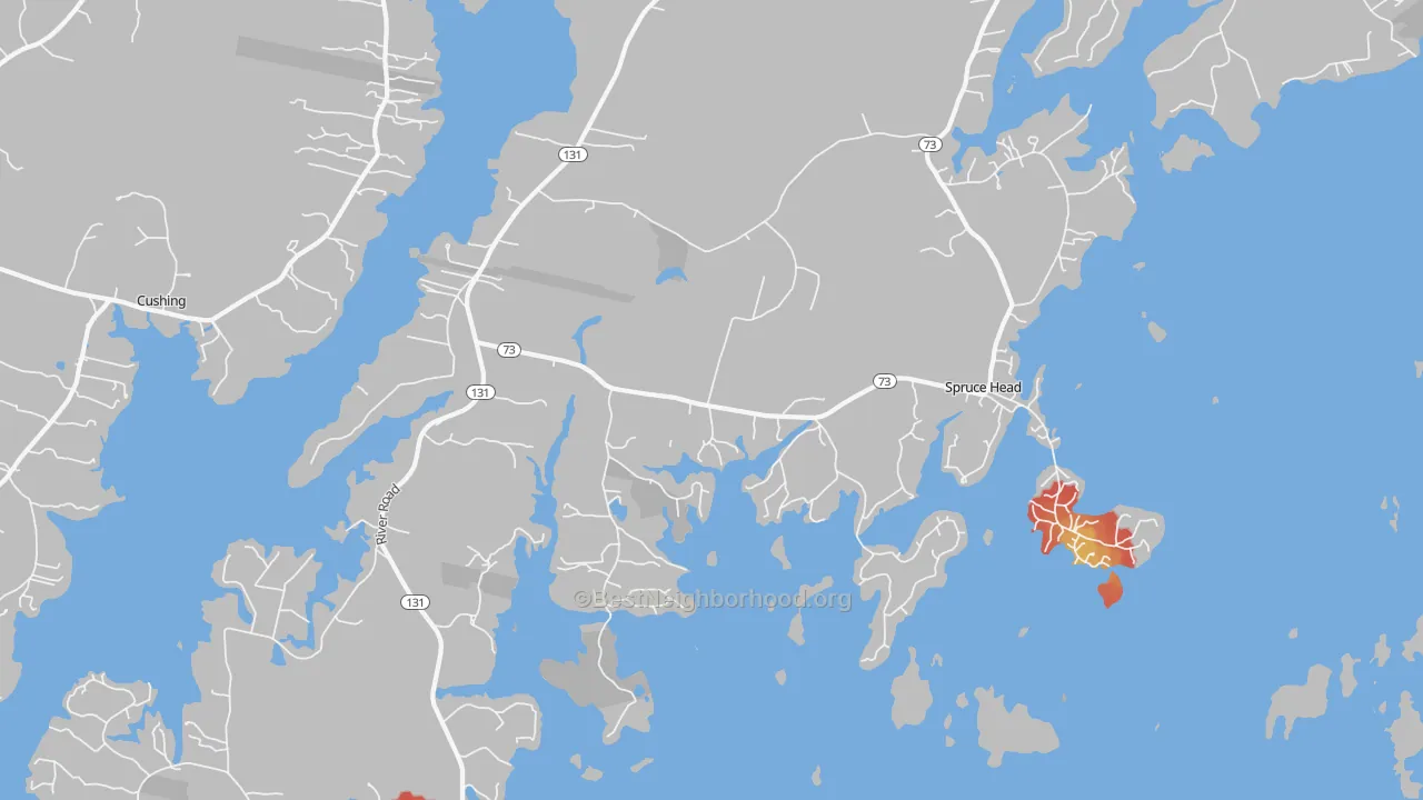 Walk Grade map of Spruce Head, ME, walkable areas in green and car-dependent areas in red