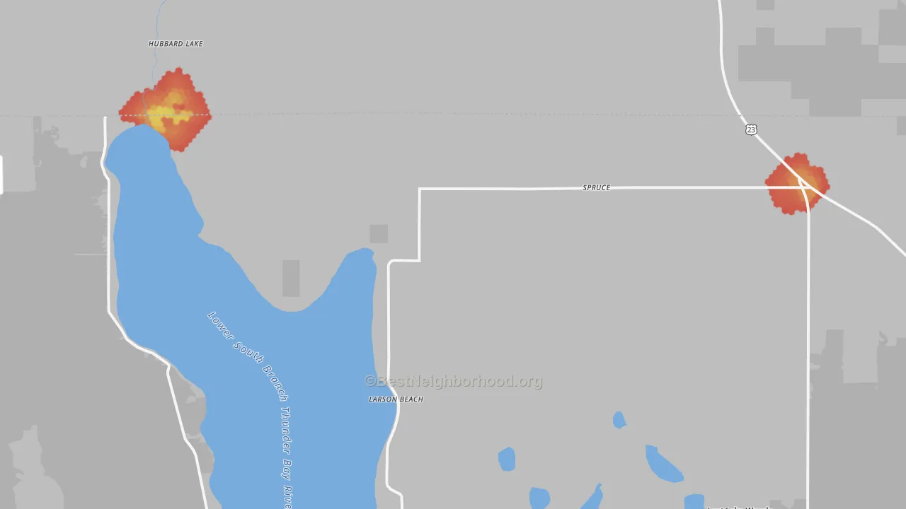 Walk Grade map of Spruce, MI, walkable areas in green and car-dependent areas in red