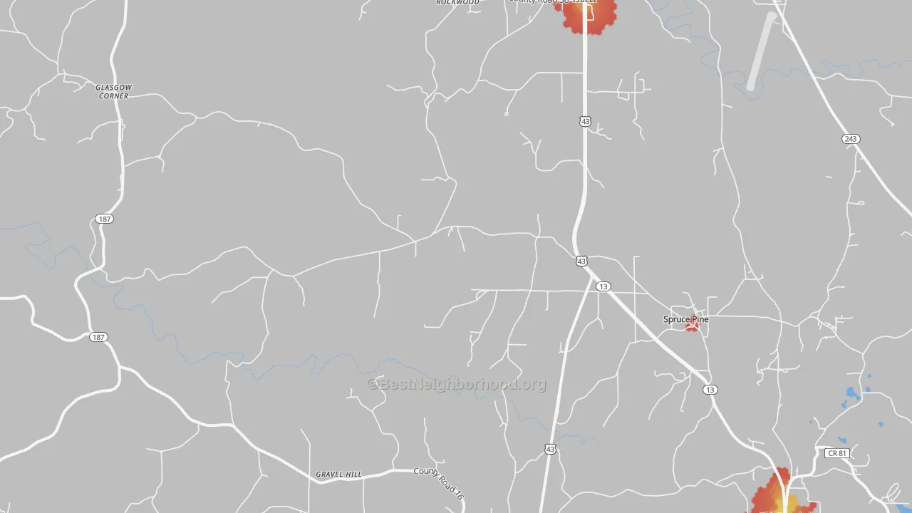 Walk Grade map of Spruce Pine, AL, walkable areas in green and car-dependent areas in red