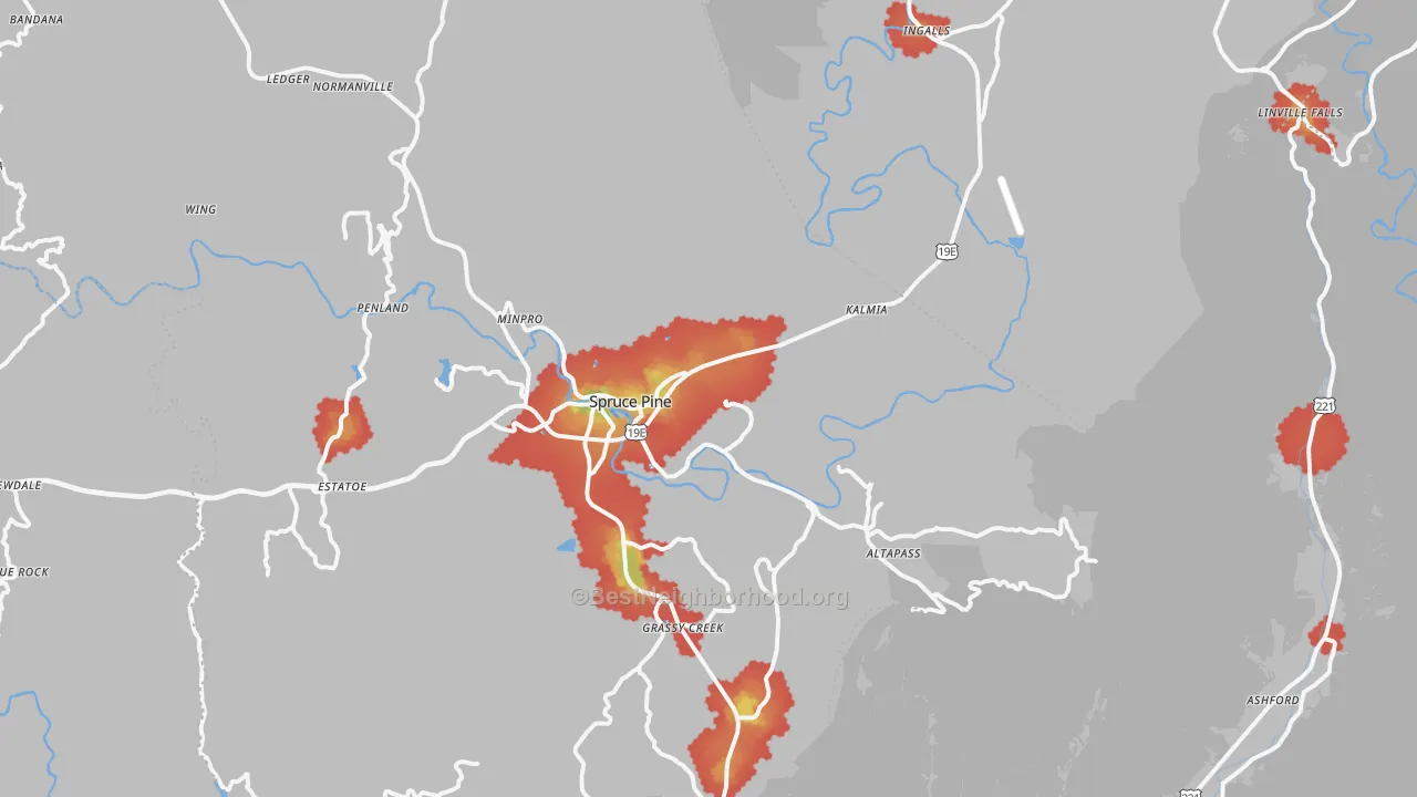 Walk Grade map of Spruce Pine, NC, walkable areas in green and car-dependent areas in red
