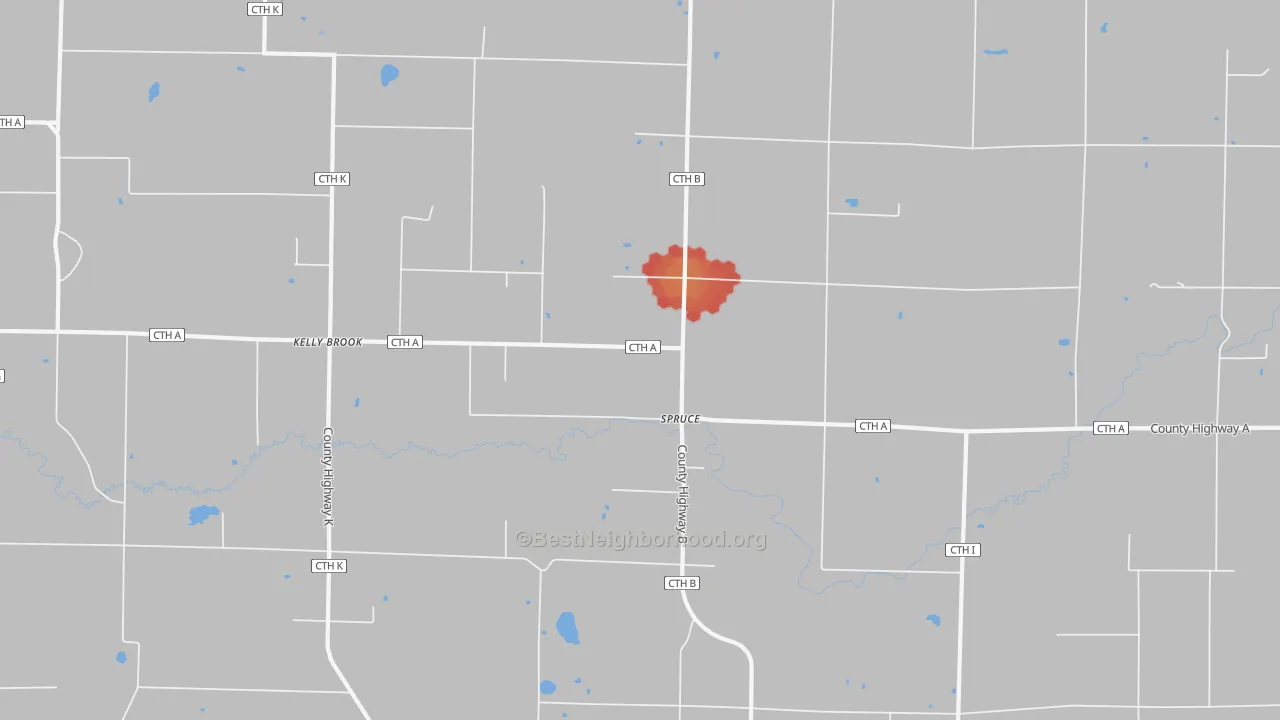 Walk Grade map of Spruce, WI, walkable areas in green and car-dependent areas in red