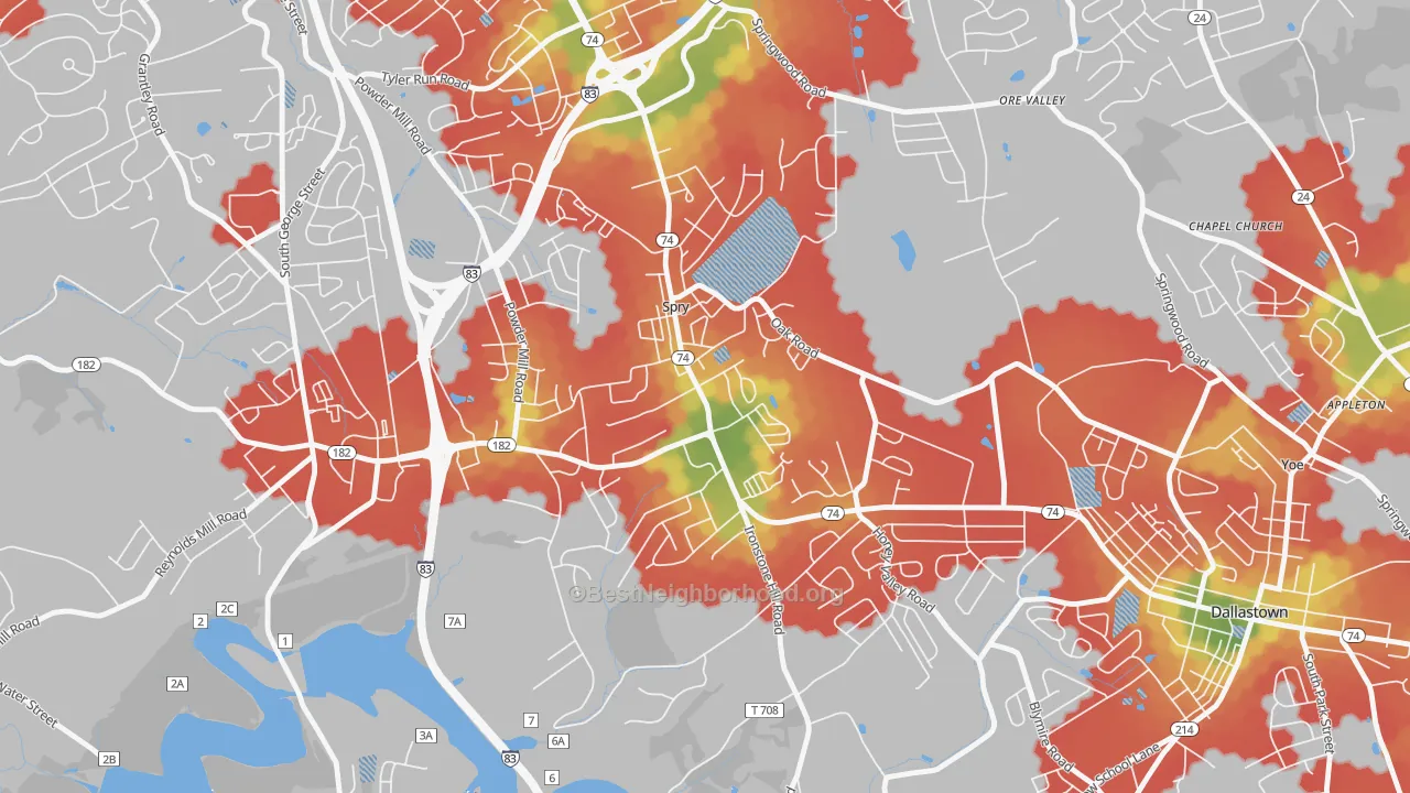 Walk Grade map of Spry, PA, walkable areas in green and car-dependent areas in red