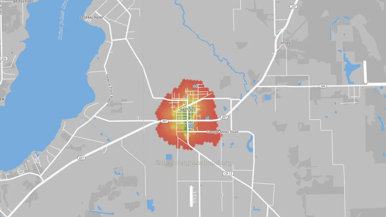 Walk Grade map of Spuds, FL, walkable areas in green and car-dependent areas in red