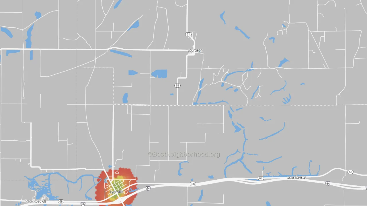 Walk Grade map of Spurgeon, IN, walkable areas in green and car-dependent areas in red