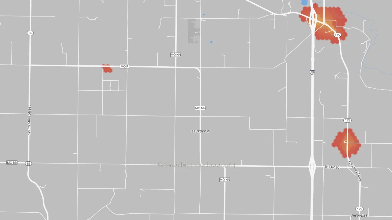 Walk Grade map of Spurgeon, MO, walkable areas in green and car-dependent areas in red