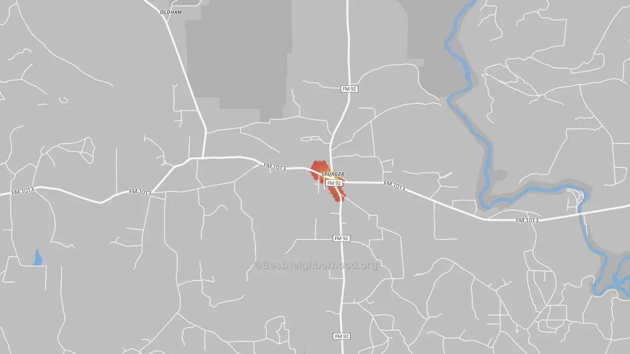 Walk Grade map of Spurger, TX, walkable areas in green and car-dependent areas in red