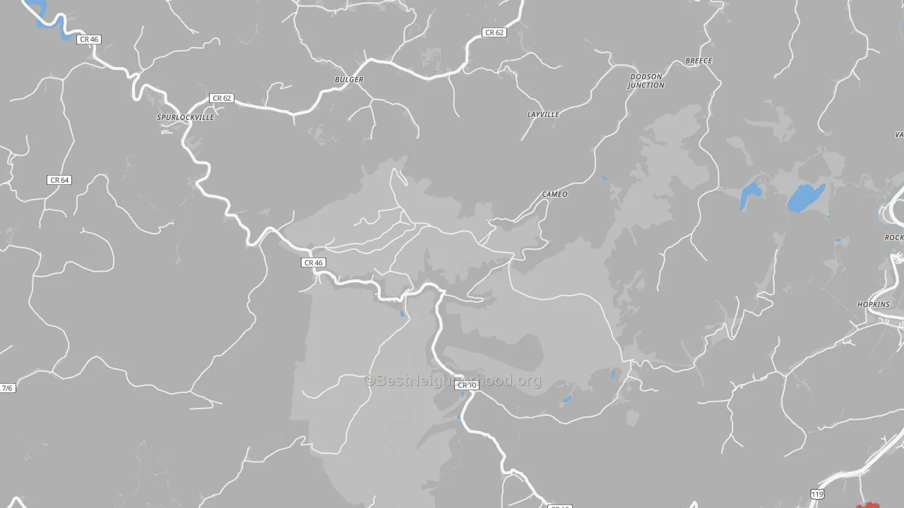 Walk Grade map of Spurlockville, WV, walkable areas in green and car-dependent areas in red