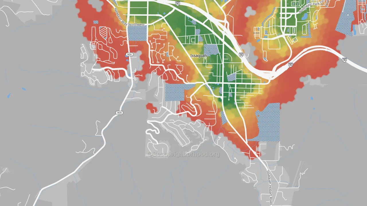 Walk Grade map of Squak Mountain, Issaquah, WA, walkable areas in green and car-dependent areas in red