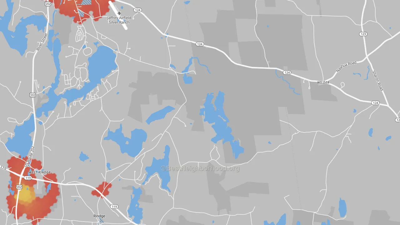 Walk Grade map of Squantum, NH, walkable areas in green and car-dependent areas in red