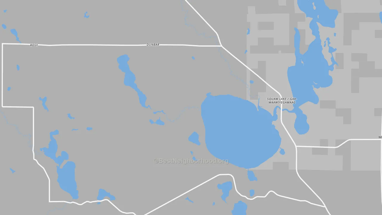 Walk Grade map of Squaw Lake, MN, walkable areas in green and car-dependent areas in red