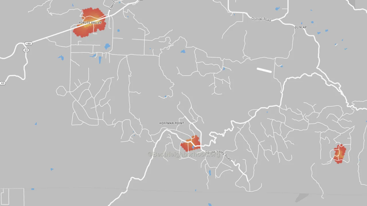 Walk Grade map of Squaw Valley, CA, walkable areas in green and car-dependent areas in red