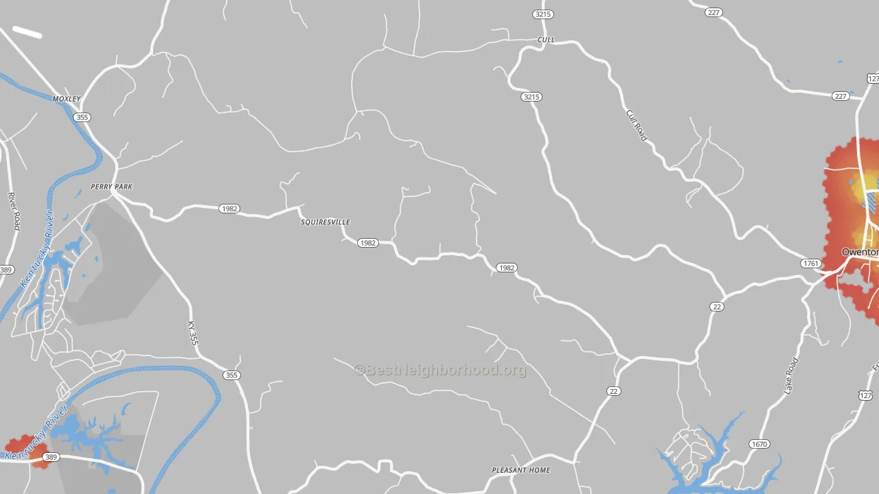 Walk Grade map of Squiresville, KY, walkable areas in green and car-dependent areas in red