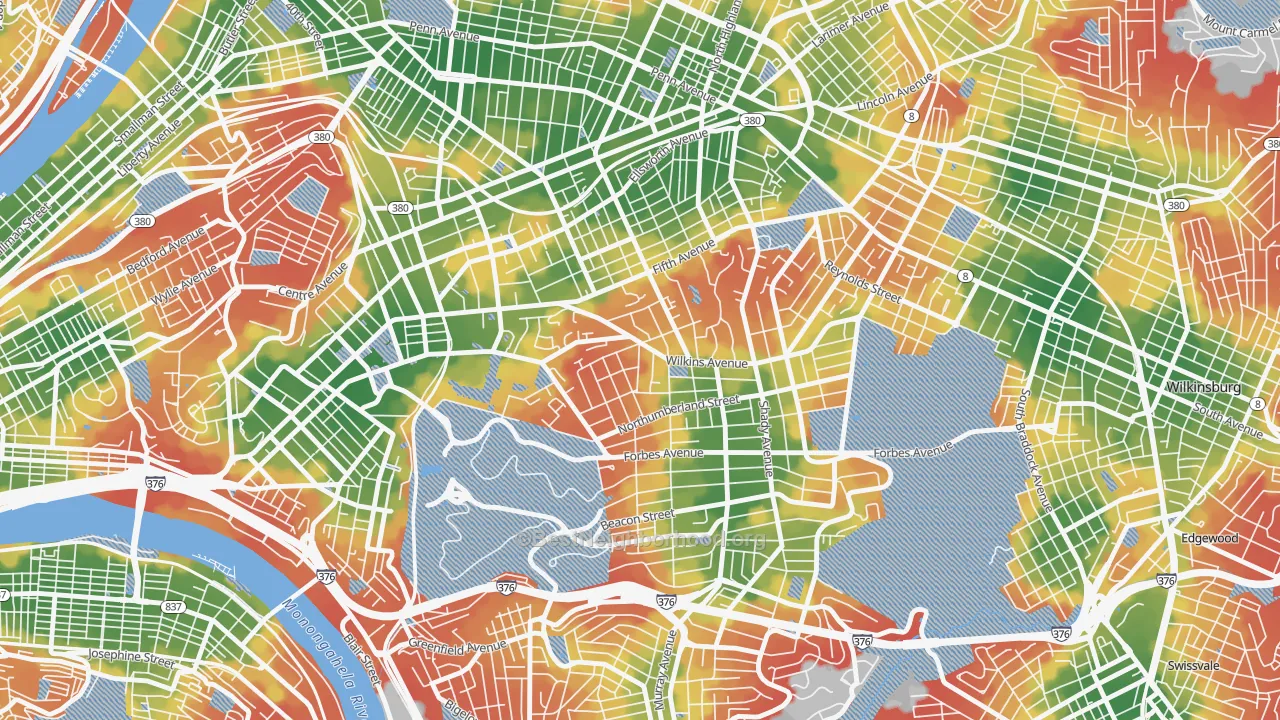 Walk Grade map of Squirrel Hill North, Pittsburgh, PA, walkable areas in green and car-dependent areas in red