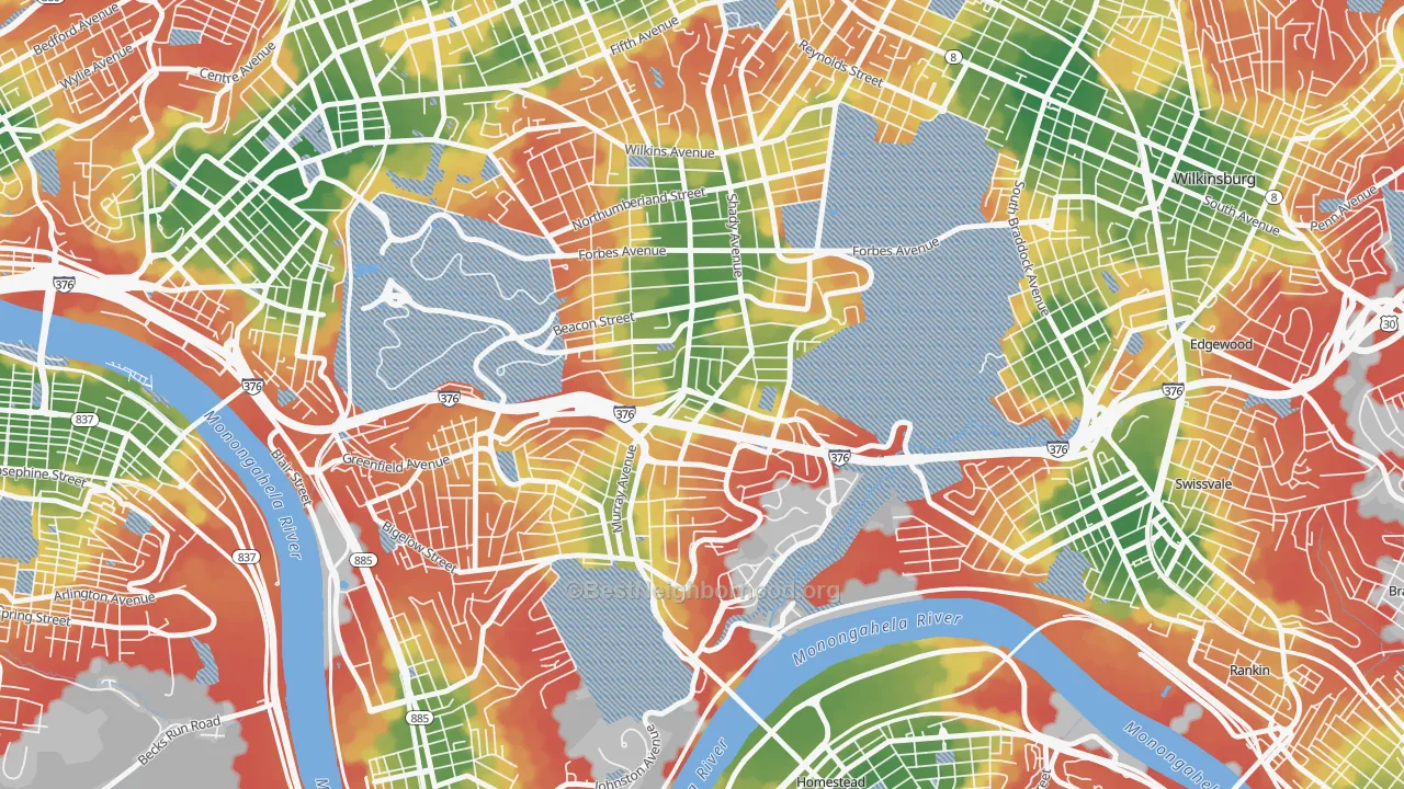 Walk Grade map of Squirrel Hill South, Pittsburgh, PA, walkable areas in green and car-dependent areas in red