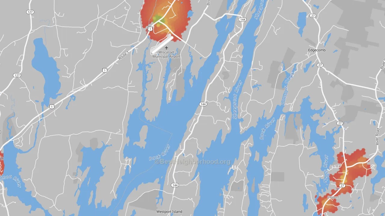 Walk Grade map of Squirrel Island, ME, walkable areas in green and car-dependent areas in red