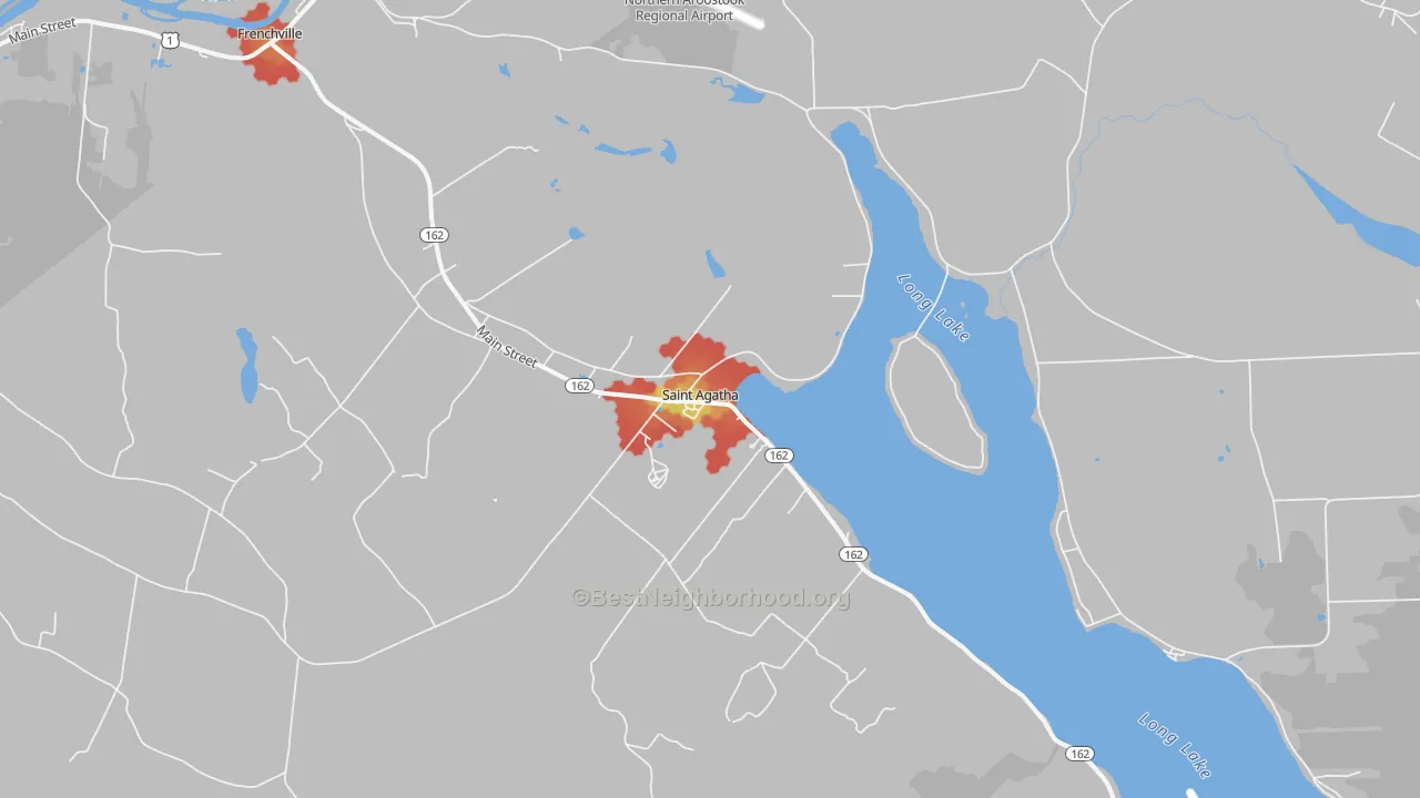 Walk Grade map of St. Agatha, ME, walkable areas in green and car-dependent areas in red