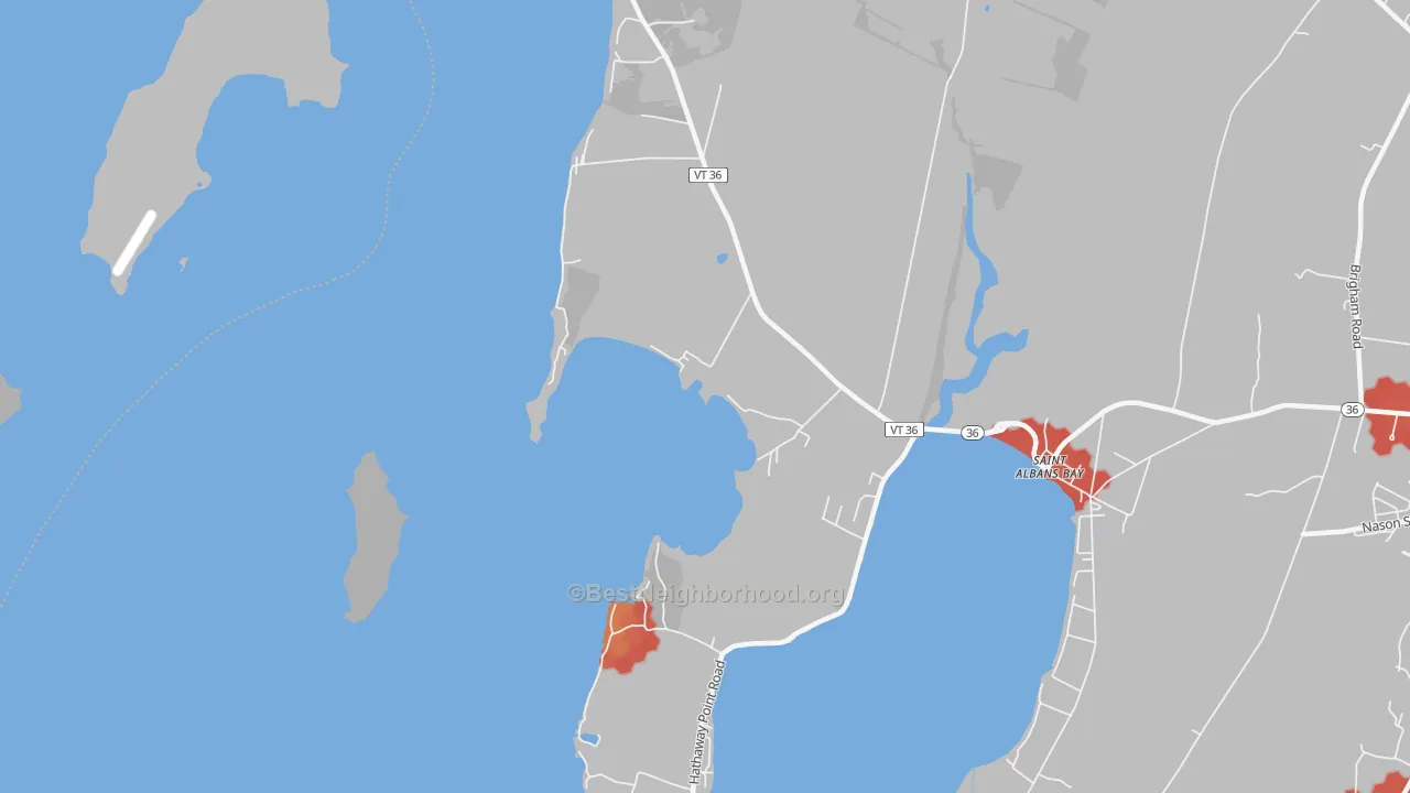 Walk Grade map of St. Albans Bay, VT, walkable areas in green and car-dependent areas in red