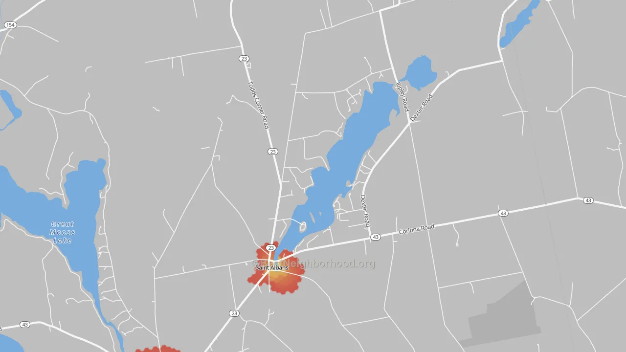 Walk Grade map of St. Albans, ME, walkable areas in green and car-dependent areas in red