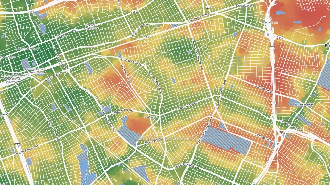 Walk Grade map of St Albans, Queens, NY, walkable areas in green and car-dependent areas in red