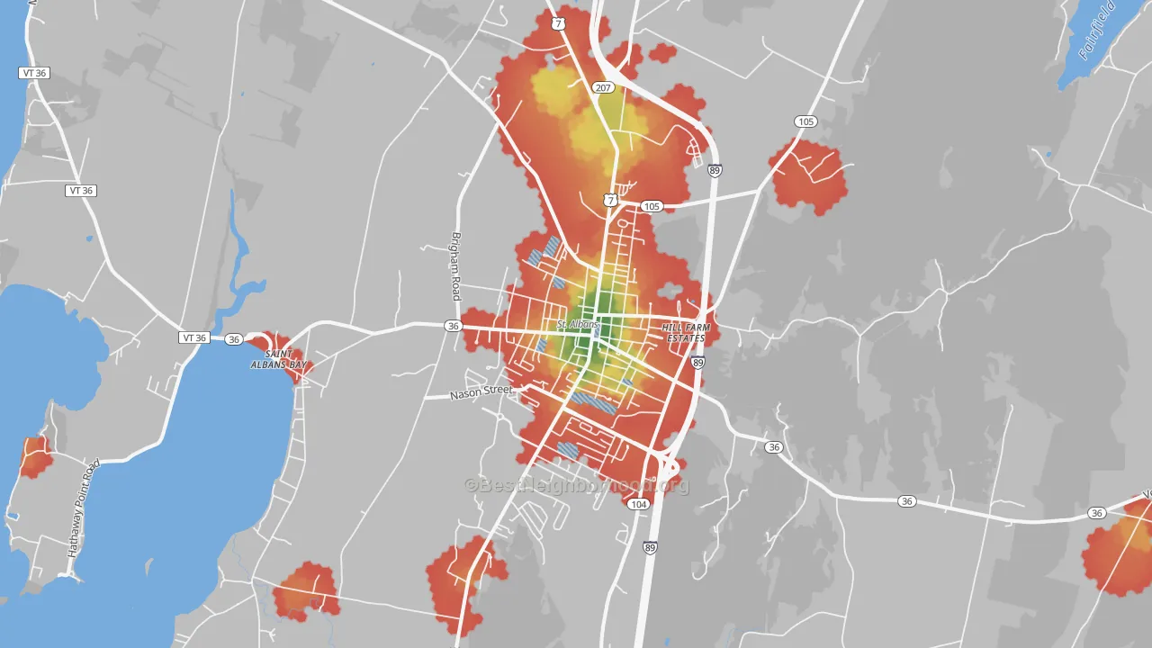 Walk Grade map of St. Albans, VT, walkable areas in green and car-dependent areas in red