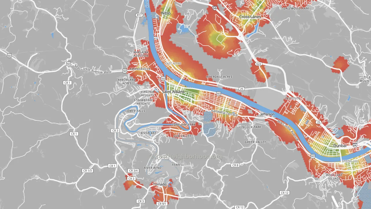 Walk Grade map of St. Albans, WV, walkable areas in green and car-dependent areas in red